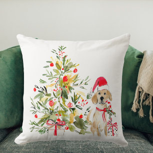 Watercolor Golden Retriever Christmas Throw Pillow