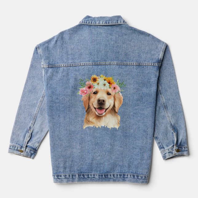 Watercolor Golden Retriever Dog with Flowers  Denim Jacket (Back)
