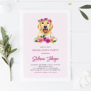 Watercolor Golden Retriever Floral Graduation Invitation
