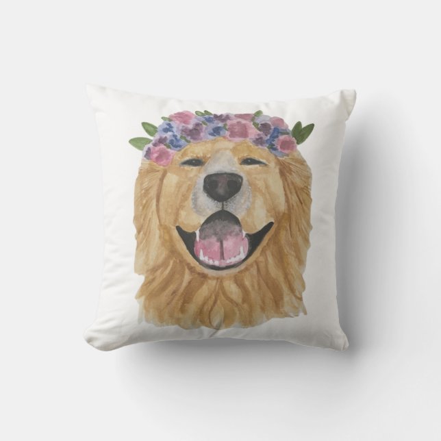 watercolor Golden Retriever Flower Crown Pillow (Front)