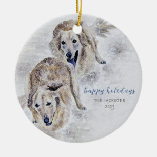 Watercolor Golden Retriever Snowy Holiday Ceramic Ornament
