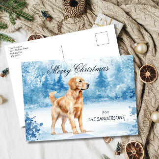 Watercolor Golden Retriever Winter Christmas Holiday Postcard