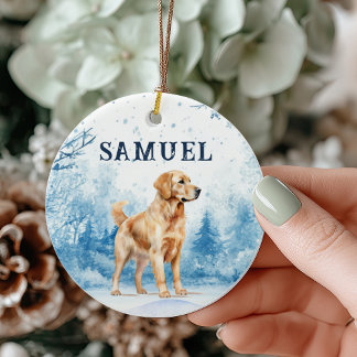 Watercolor Golden Retriever Winter Scene Christmas Ceramic Ornament