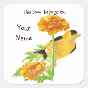 Watercolor Goldfinch Bird Marigold  Bookplate Square Sticker