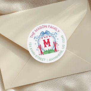 Watercolor Gondola Ski Monogram Crest Classic Round Sticker