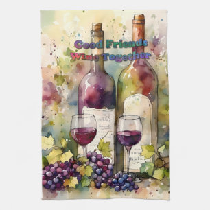 Watercolor Good Friends Wine Together   Kitchen Towel