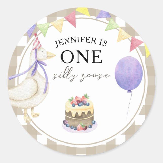 Watercolor Goose 1st birthday Classic Round Sticker (Front)