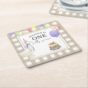 Watercolor Goose 1st birthday Square Paper Coaster