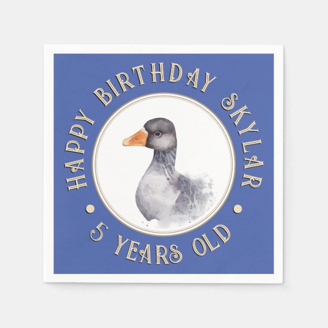 Watercolor Goose Birthday Custom Children's Blue  Napkin (Front)