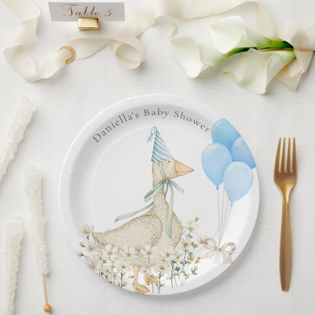 Watercolor Goose Boy Baby Shower Paper Plate (Wedding)