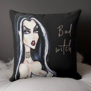 Watercolor Gothic Bad Witch Halloween Throw Pillow