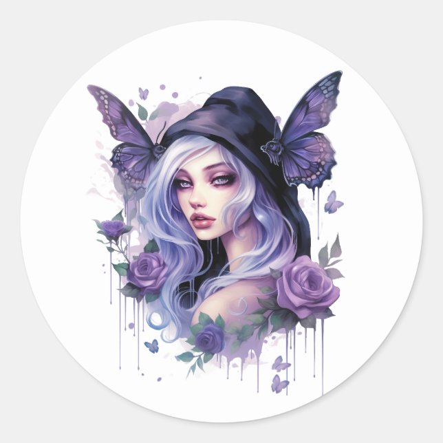 Watercolor Gothic Dark Fairy Classic Round Sticker (Front)
