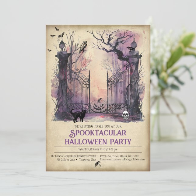 Watercolor Gothic Gate Entrance Halloween Party Invitation (Standing Front)