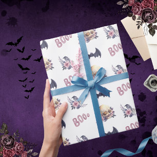 Watercolor Gothic Skull Rose Raven Bats Boo Gift Wrapping Paper