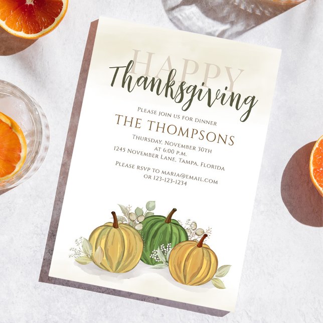 Watercolor Gourds Thanksgiving Dinner  Invitation (Happy Thanksgiving gourds holiday invitation.)