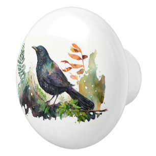 Watercolor Grackle On Branch  Ceramic Knob