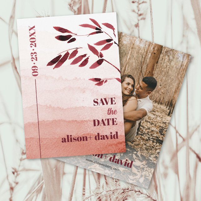 Watercolor gradient and branch Japandi photo Save The Date (Creator Uploaded)