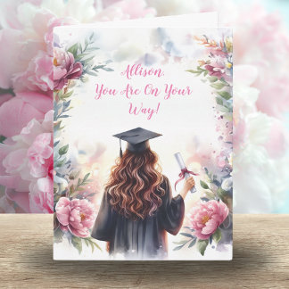Watercolor Graduate Girl With Peonies  Card