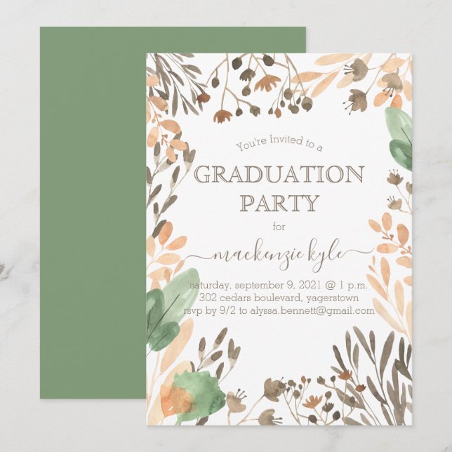 Watercolor Graduation Boho Greenery Invitation (Front/Back)