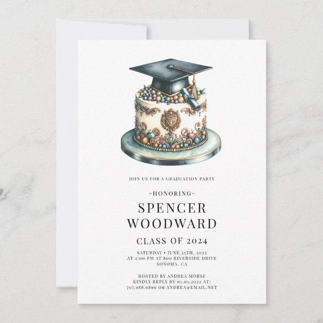 Watercolor Graduation Cap & Cake Graduation Party Invitation (Front)