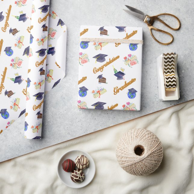 Watercolor Graduation with Cap and Diploma Wrapping Paper (Crafts)