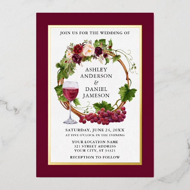 Watercolor Grape Vines Floral Wreath Burgundy Gold (Front)
