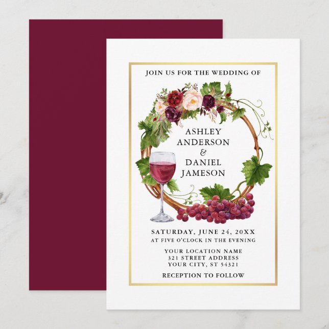 Watercolor Grape Vines Floral Wreath Gold Wedding Invitation (Front/Back)