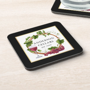 Watercolor Grape Vines Wine Cellar Gold Black Coaster