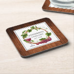 Watercolor Grape Vines Wine Cellar Name Coaster<br><div class="desc">Modern Elegant Watercolor Grapes and Vines Wood Wreath Family Name Wine Cellar Coaster - Rustic Country Wood Print with Frame</div>
