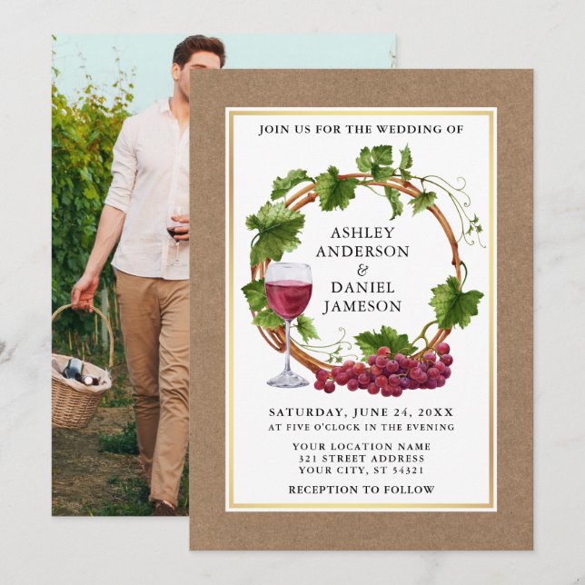 Watercolor Grape Vines Wreath Kraft Photo Wedding Invitation (Front/Back)