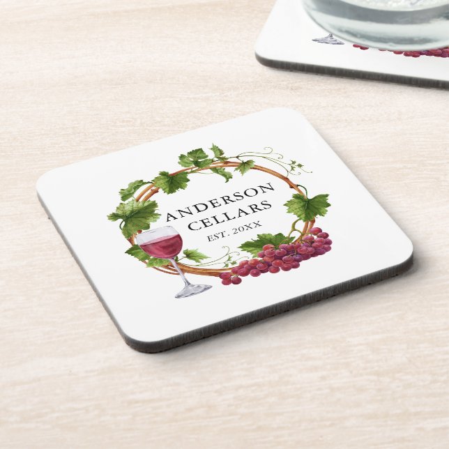 Watercolor Grape Vines Wreath Name Wine Cellar Coaster (Left Side)