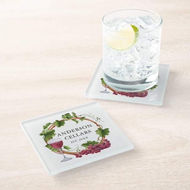 Watercolor Grape Vines Wreath Name Wine Cellar Glass Coaster (Angled)