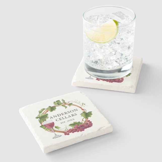 Watercolor Grape Vines Wreath Name Wine Cellar Stone Coaster (Side)