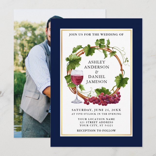 Watercolor Grape Vines Wreath Photo Blue Wedding Invitation (Front/Back)