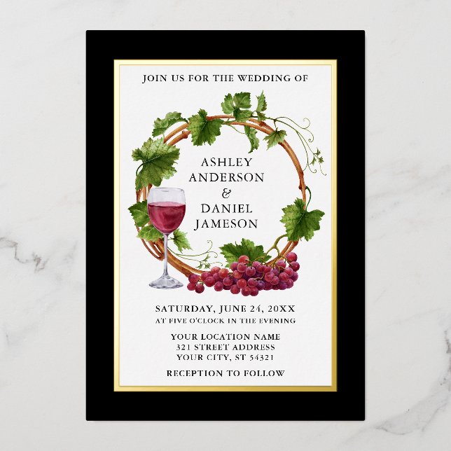 Watercolor Grape Vines Wreath Wedding Black Gold (Front)