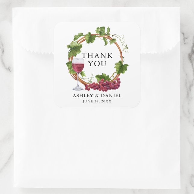 Watercolor Grape Vines Wreath Wedding Thank You Square Sticker (Bag)