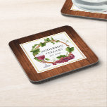 Watercolor Grape Vines Wreath Wine Cellar Name Coaster<br><div class="desc">Modern Elegant Watercolor Grapes and Vines Wood Wreath Family Name Wine Cellar Coaster - Rustic Country Wood Print with Gold Frame</div>
