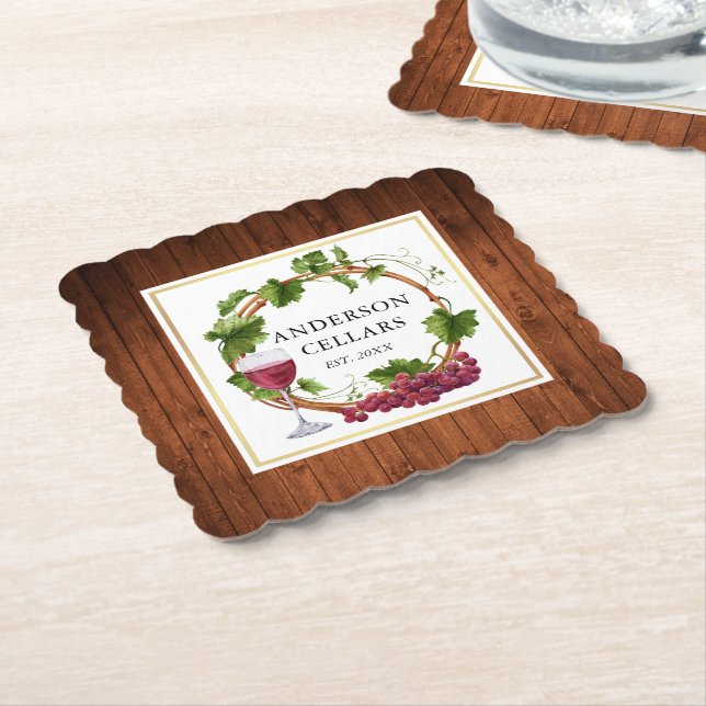 Watercolor Grape Vines Wreath Wine Cellar Name Paper Coaster (Angled)