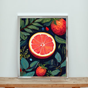 Watercolor Grapefruit Slice with Strawberries Photo Print