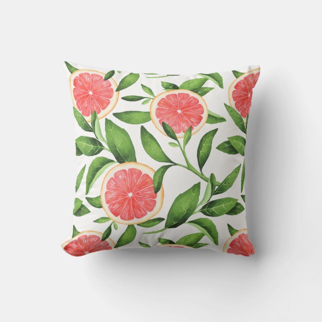 Watercolor Grapefruits and Greenery Pattern Throw Pillow (Front)