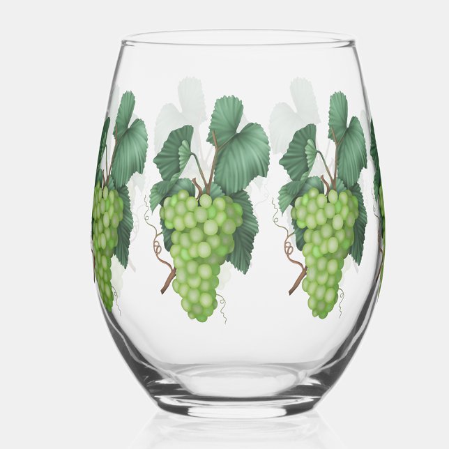 Watercolor Grapes White Wine Stemless Wine Glass (Pretty watercolor grapes and leaves.)