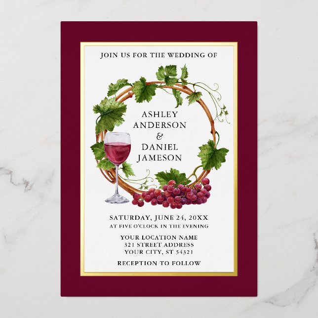 Watercolor Grapes Wreath Wedding Burgundy Gold (Front)
