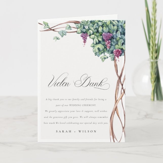 Watercolor Grapevine Wedding Vielen Dank Thank You Card (Front)