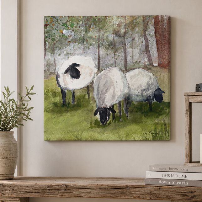 Watercolor Grazing Sheep Canvas Print (Sheep Canvas Wall Art)