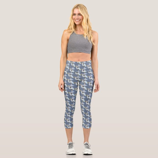 Watercolor Great Blue Heron Bird Animal Nature Capri Leggings (Front)