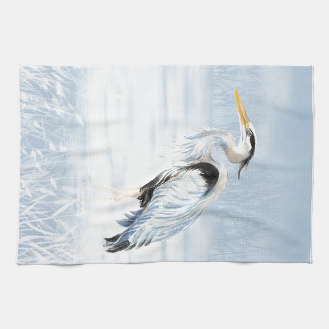 Watercolor Great Blue Heron Bird Kitchen Towel (Horizontal)