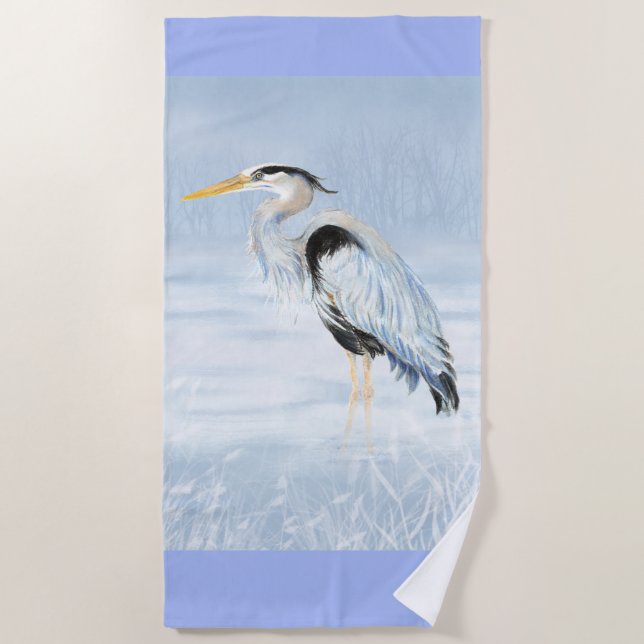 Watercolor Great Blue Heron Bird Nature Wildlife Beach Towel (Front)