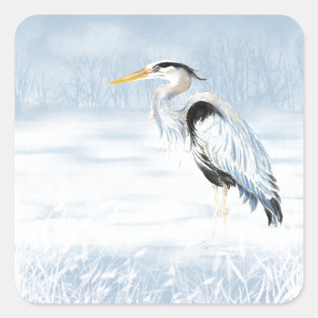 Watercolor Great Blue Heron Bird Square Sticker (Front)