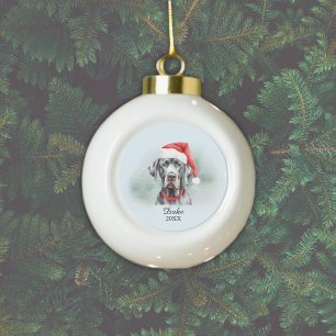 Watercolor Great Dane Santa Hat Personalized Ceramic Ball Christmas Ornament