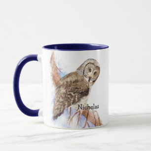 Watercolor Great Grey Owl bird Custom Name Mug